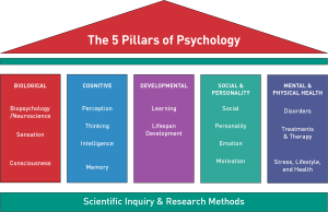 Diagram of the 5 Pillars or domains of Psychology that are supported by Scientific Inquiry and Research Methods.