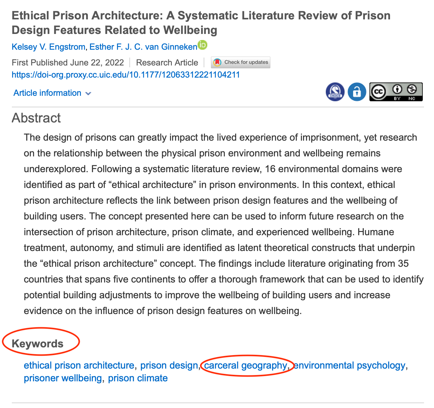 Abstract page of a scholarly journal article highlighting the Keywords section, including the keyword phrase "carceral geography"
