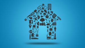 House-shaped collage made up of various black media icons on a blue background.