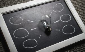 Clear light bulb on a blackboard with chalk-drawn thought bubbles surrounding it, symbolizing brainstorming or ideas.