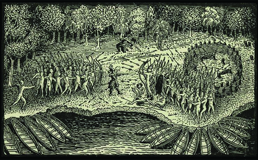 An engraving shows Samuel de Champlain fighting on the side of the Huron and Algonquins against the Iroquois. Champlain stands in the middle of the battle, firing a gun, while the Native Americans around him shoot arrows at each other.