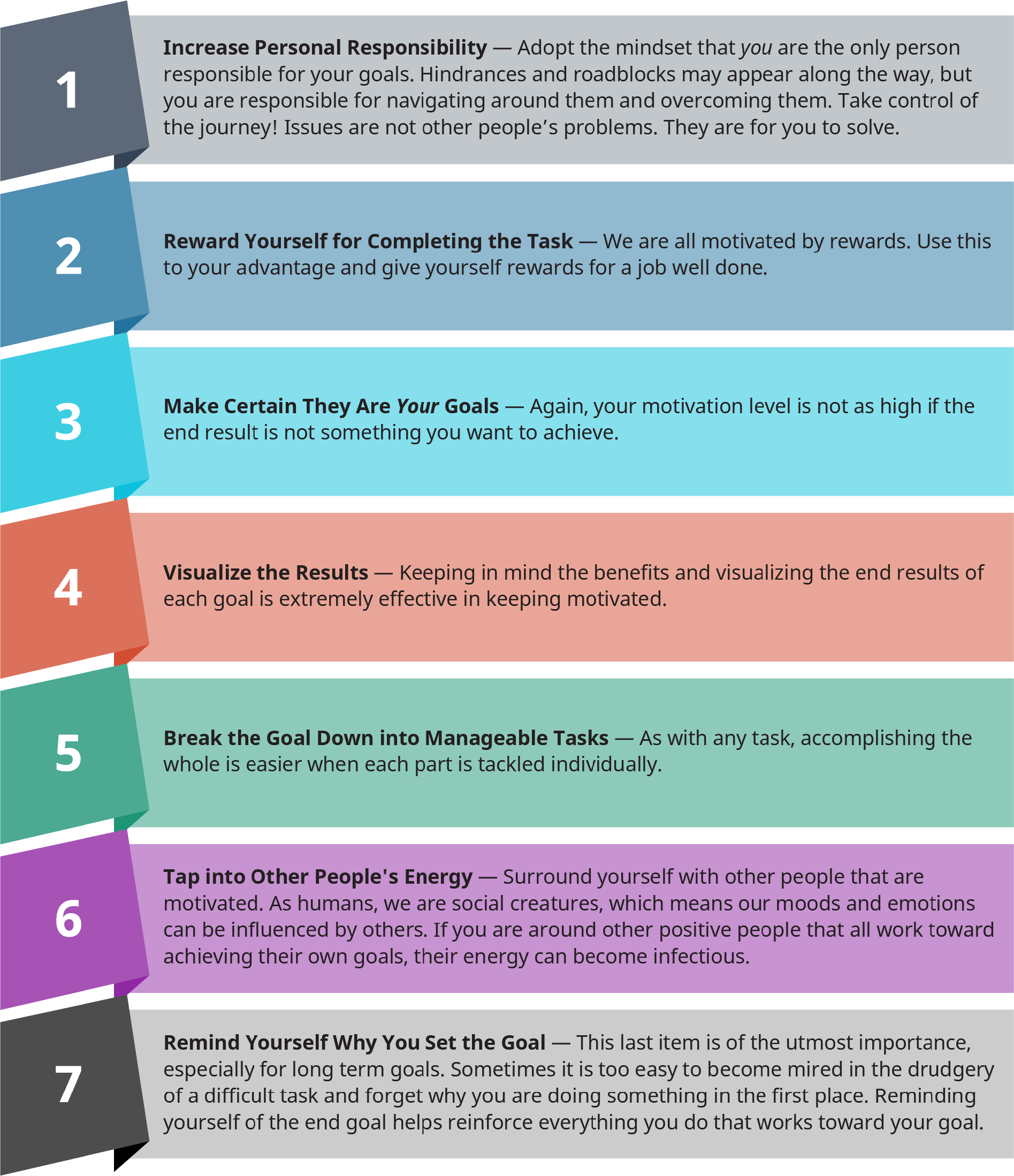 Seven ways for people to stay motivated and achieve their goals.
