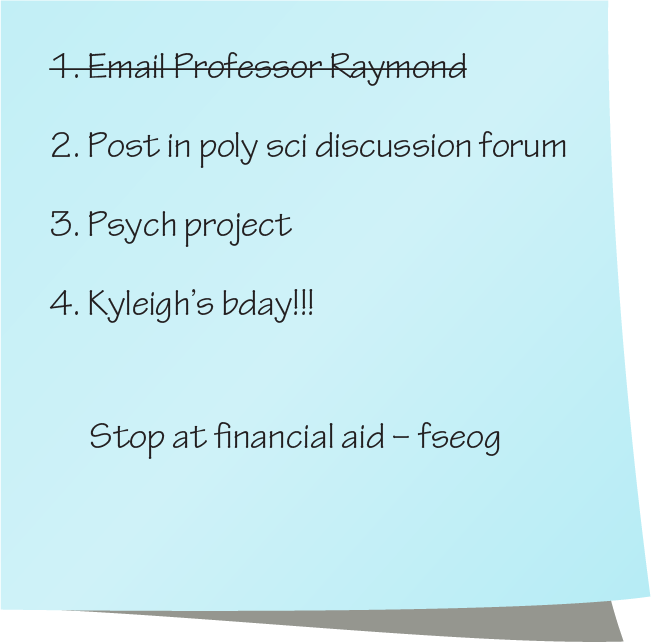 A sticky note shows a student's checklist and to-dos.