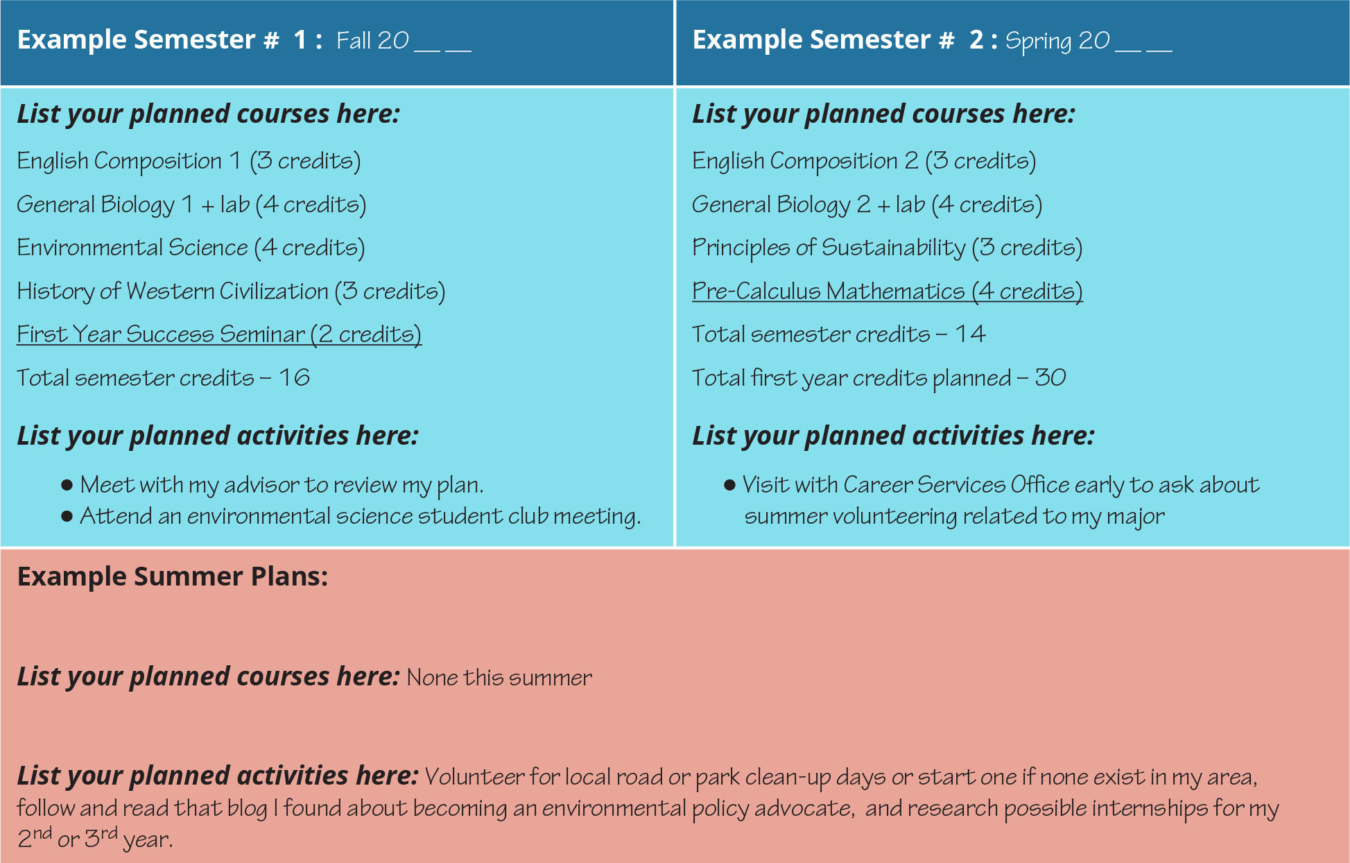 A sample grid diagram shows students’ planning for different semesters, including planned activities, summer plans, and planned courses.