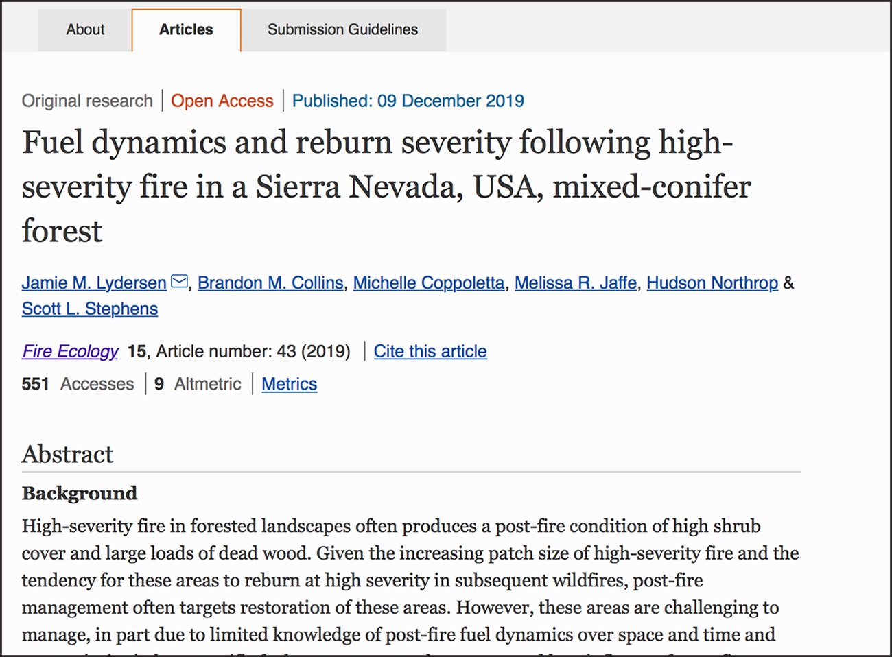 A screenshot of an academic journal website, with tabs for “About,” “Articles (selected),” and “Submission Guidelines.” It features the access status, publishing date, title, authors’ name, references, and an abstract.