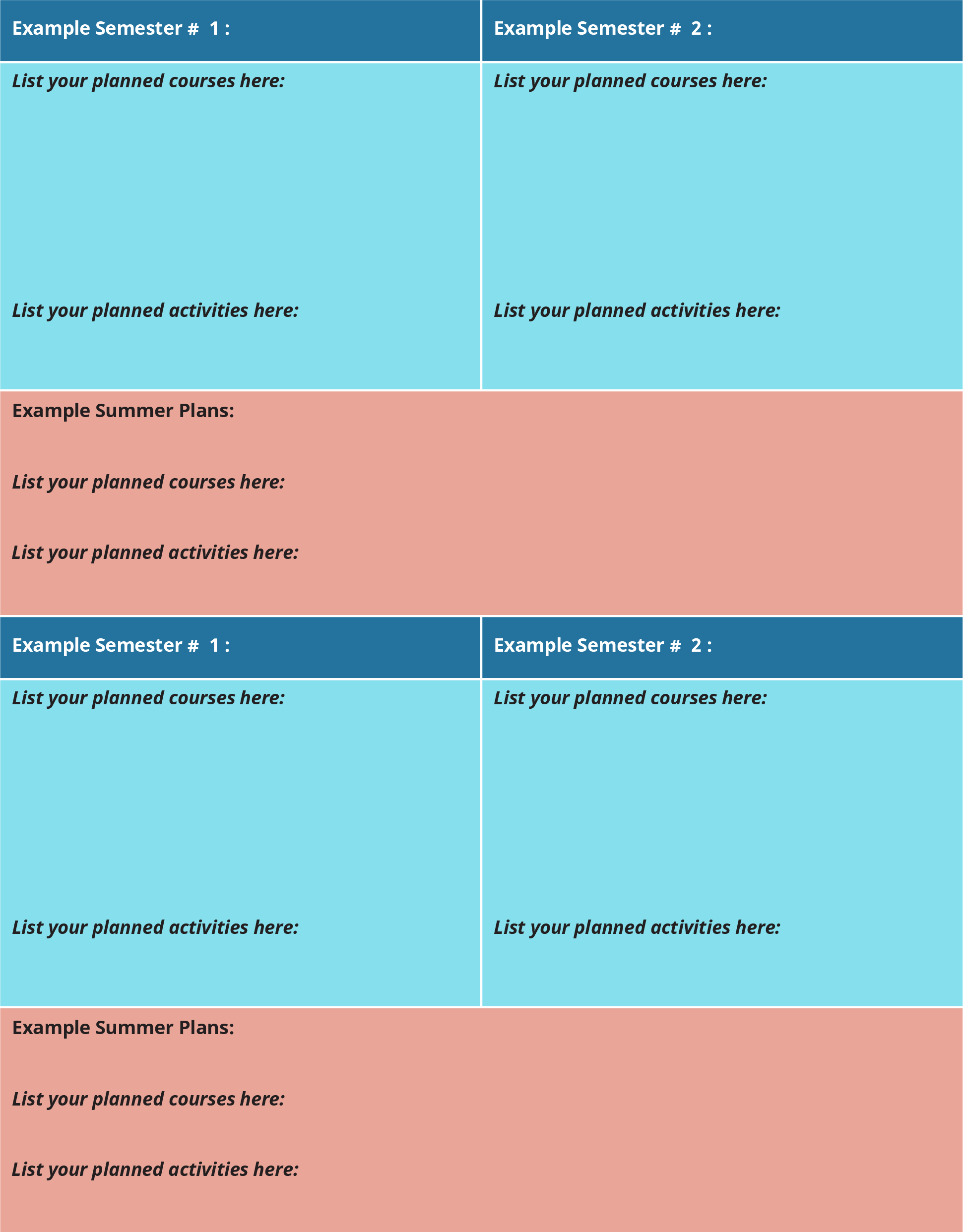 A template of a sample grid diagram shows students’ planning for different semesters, including planned activities, summer plans, and planned courses.