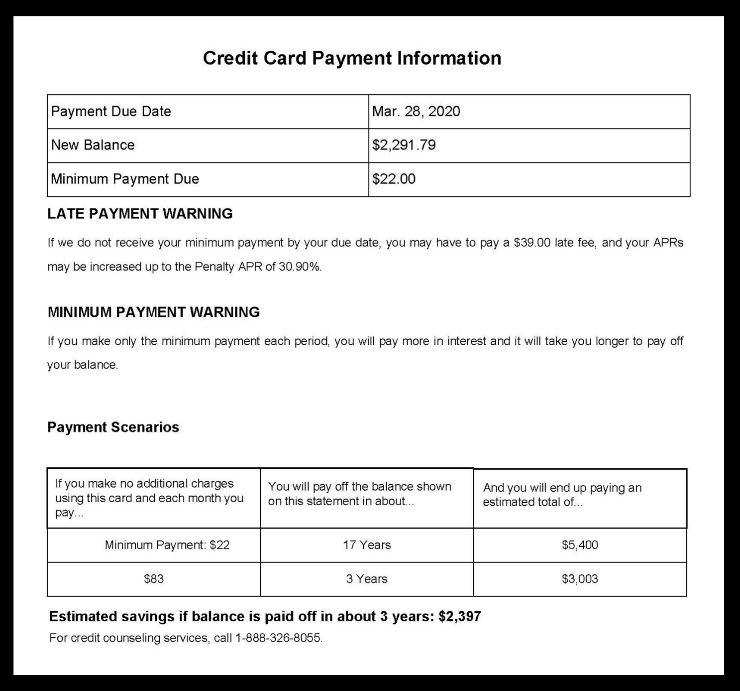 Credit card payment information showing payment due date, balance, and minimum payment due. Includes warnings about late payments and minimum payment, with scenarios illustrating the impact of paying minimum vs. higher payments on balance and total costs.