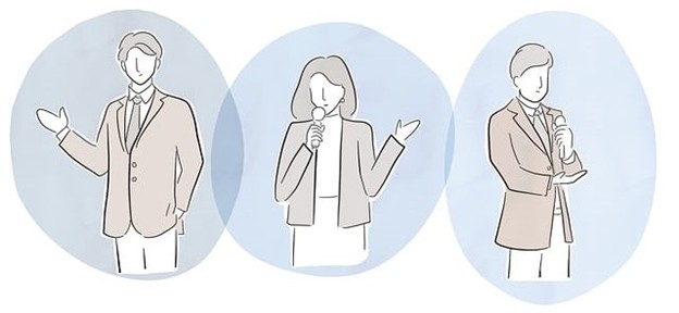 Illustration of three individuals presenting or speaking formally. One man gestures confidently with an open palm, one woman speaks into a microphone with expressive hand movements, and another man holds a microphone with a composed posture, representing varied styles of academic communication and presentation.