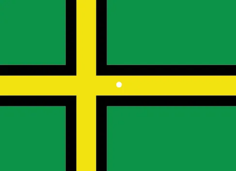 An illustration shows a green flag with a thick, black-bordered yellow lines meeting slightly to the left of the center. A small white dot sits within the yellow space in the exact center of the flag.