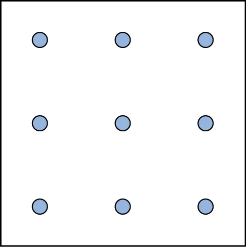A square shaped outline contains three rows and three columns of dots with equal space between them.