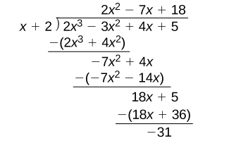 The image displays the detailed steps of polynomial long division. We are dividing the polynomial, which is two x cubed minus three x squared plus four x plus five, by the binomial, which is x plus two. The process starts with two x cubed divided by x, giving two x squared, which is then multiplied by the divisor, x plus two, to get two x cubed plus four x squared. This result is subtracted from the initial terms of the dividend, leaving minus seven x squared plus four x. Next, minus seven x squared is divided by x, resulting in minus seven x, which is multiplied by x plus two to get minus seven x squared minus fourteen x. Subtracting this gives eighteen x plus five. Finally, eighteen x is divided by x, yielding eighteen, which is multiplied by x plus two to get eighteen x plus thirty-six. Subtracting this from eighteen x plus five leaves a remainder of minus thirty-one. The quotient obtained from this division is two x squared minus seven x plus eighteen, and the remainder is minus thirty-one. The steps are clearly laid out in a vertical format, showing the subtraction at each stage of the long division process.