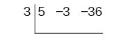 The image shows the beginning setup for synthetic division. The number 'three' is placed to the left of a vertical line, representing the root of the divisor (x minus three). To the right of the vertical line, the numbers 'five, minus three, minus thirty-six' are written, representing the coefficients of the polynomial dividend, which is likely five x squared minus three x minus thirty-six.