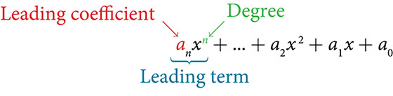 An algebraic expression representing a polynomial function is displayed. The expression is written as a sub n x to the power n + dots + a sub 2 x squared + a sub 1 x + a sub 0. Annotations point to key components of the polynomial. The term a sub n is labeled in red as 'Leading coefficient'. The exponent n of the first term is labeled in green as 'Degree'. The entire first term, a sub n x to the power n, is enclosed in a blue brace and labeled 'Leading term'.