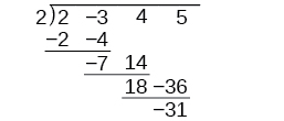 The image shows the steps of synthetic division for dividing a polynomial. The divisor is implied to be (x minus two) because the value 'two' is placed to the left of the dividend's coefficients. The coefficients of the dividend, two x cubed minus three x squared plus four x plus five, are written as 'two, minus three, four, five' under the division symbol.